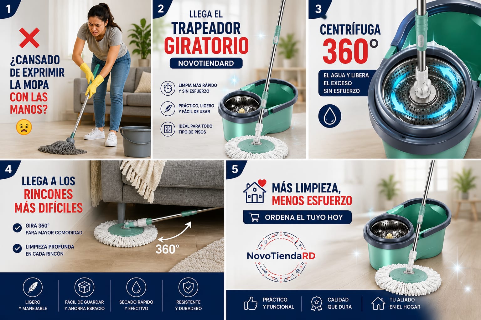 ¡Adiós al dolor de espalda y al trapeador viejo! Trapeador Giratorio de Aluminio – Limpieza Rápida y sin Esfuerzo