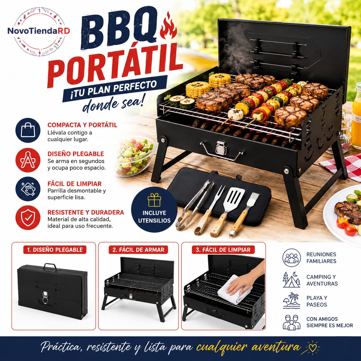 🔥🍖  BBQ PORTATIL 🥩🥓 🧳 CON UTENSILIOS 🍴 !!  🔥 La Parrilla Que Va Contigo.