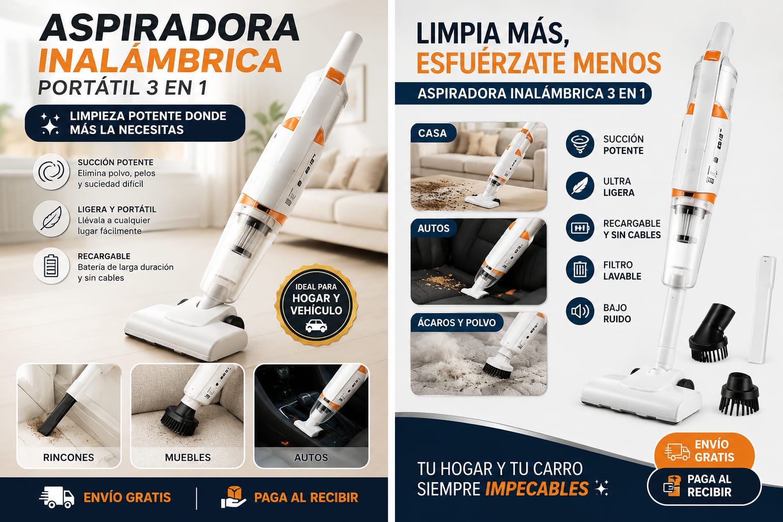 🧹 Aspiradora Inalámbrica 3 en 1 – Limpieza Total en Segundos