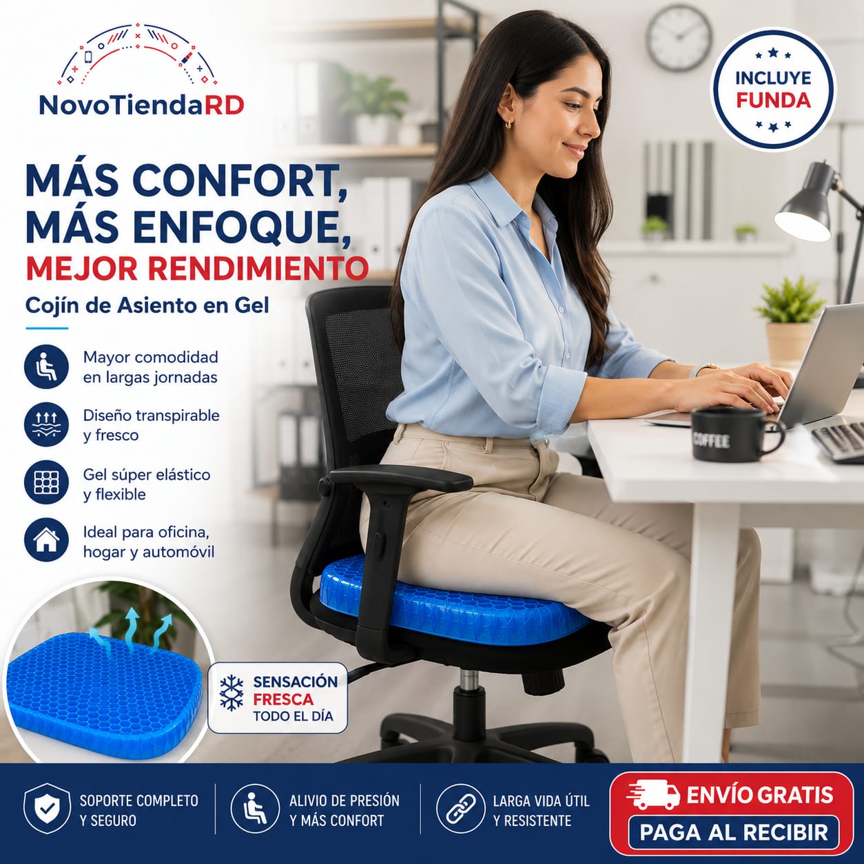 🪑🌬️ COJÍN DE ASIENTO EN GEL — CONFORT FRESCO PARA CADA DÍA.💙