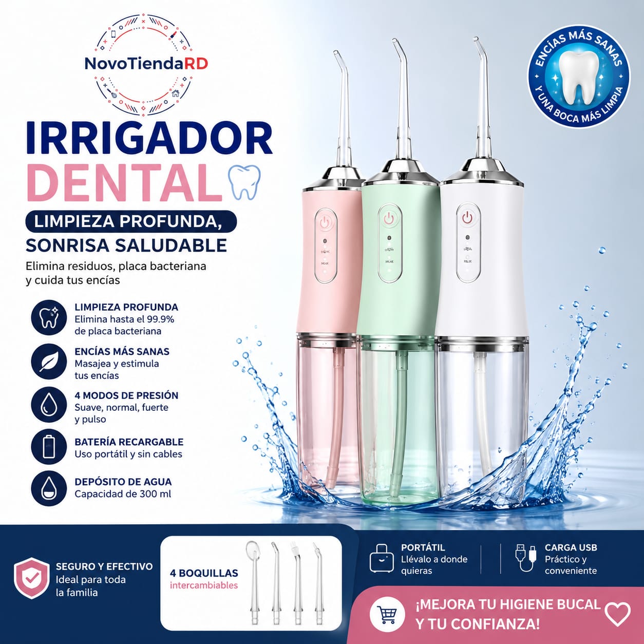 ¡IRIGADOR DENTAL ELÉCTRICO PORTÁTIL – Limpieza profesional en casa por solo RD$1,850!